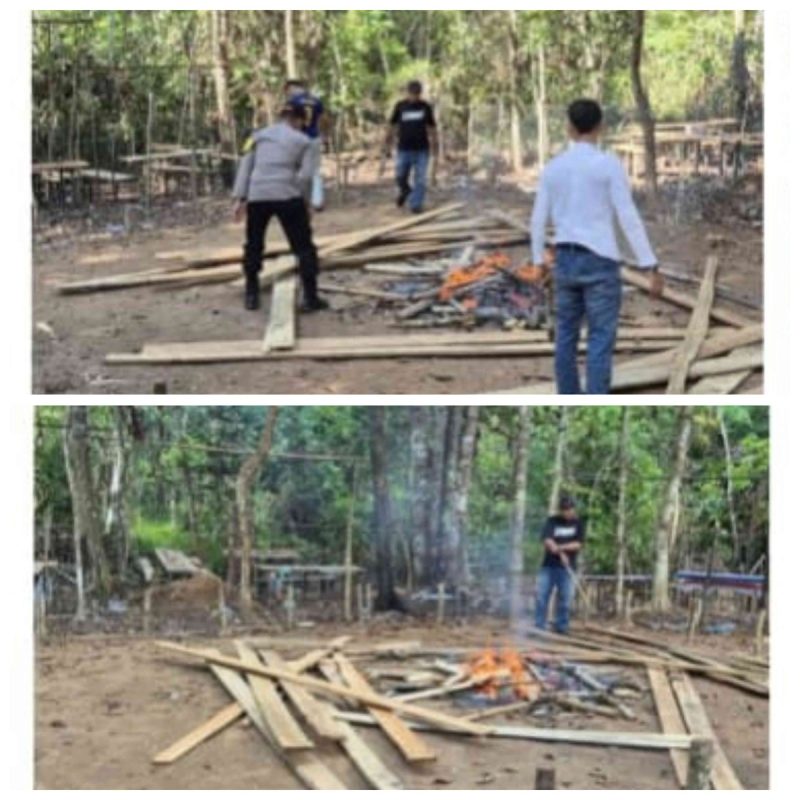 Kapolsek Sepauk Iptu Abdul Hadi, S.H Bersama Kanit Reskrim Berserta Tim Bongkar dan Bakar Arena Judi Sabung Ayam di Desa Lengkenat